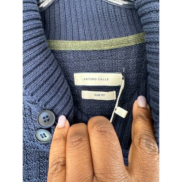 Arturo Calle Sweater Men's Blue Cross Neck Preppy Cable Knit Sweater  Small - Picture 4 of 10